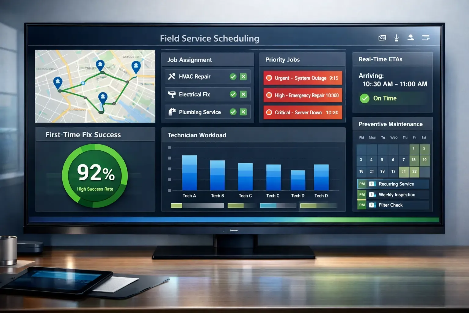 Field service scheduling dashboard with routes, ETAs, and performance metrics